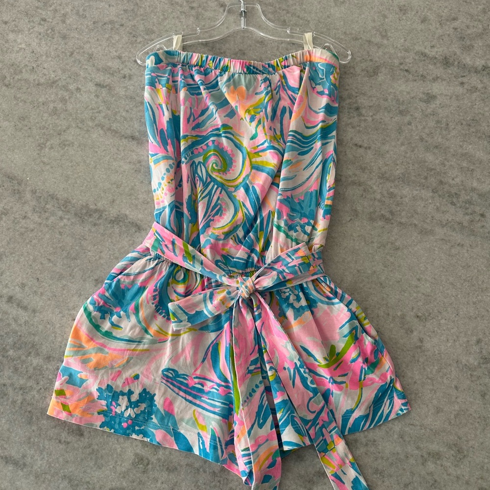 Lilly Pulitzer Pink and Blue Strapless Jumpsuit